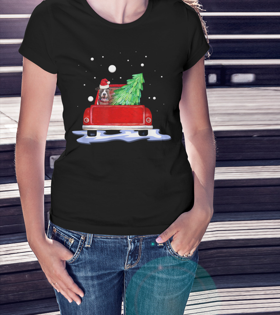 Pitbull Dog In Santa Hat With Christmas Tree In Red Pickup Truck Snow Scene T-Shirt