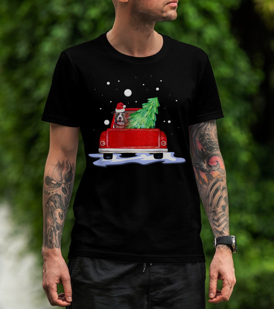 Pitbull Dog In Santa Hat With Christmas Tree In Red Pickup Truck Snow Scene T-Shirt