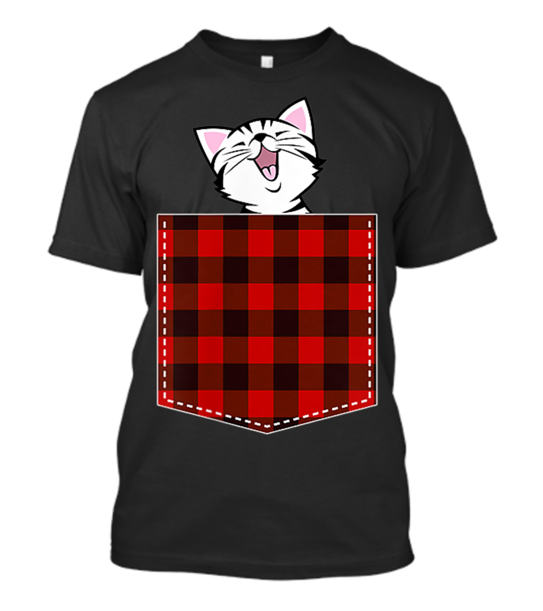Red Plaid Pocket Cat Buffalo Check Family T-Shirt