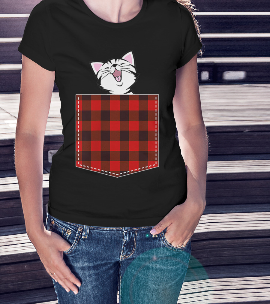 Red Plaid Pocket Cat Buffalo Check Family T-Shirt