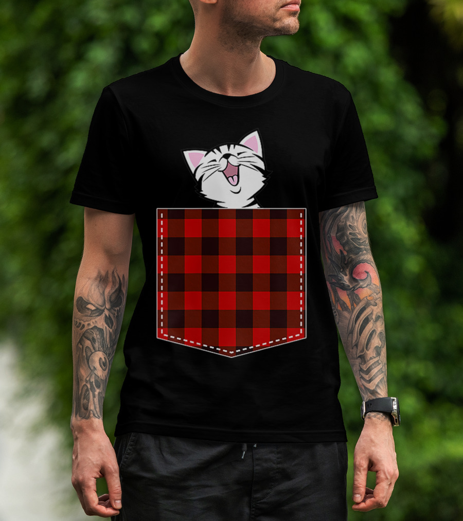 Red Plaid Pocket Cat Buffalo Check Family T-Shirt