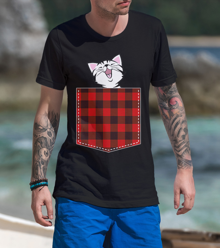 Red Plaid Pocket Cat Buffalo Check Family T-Shirt