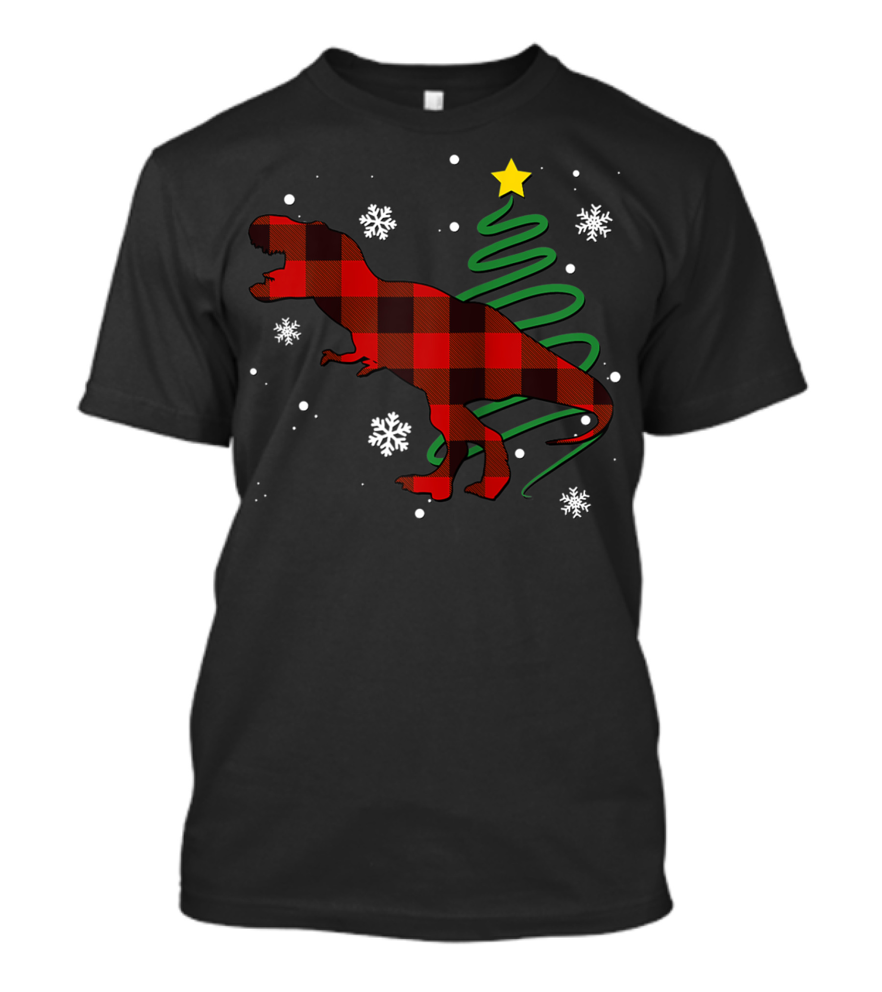 Red Plaid Dinosaur Buffalo Trex Family Christmas Tree Snowflakes T-Shirt