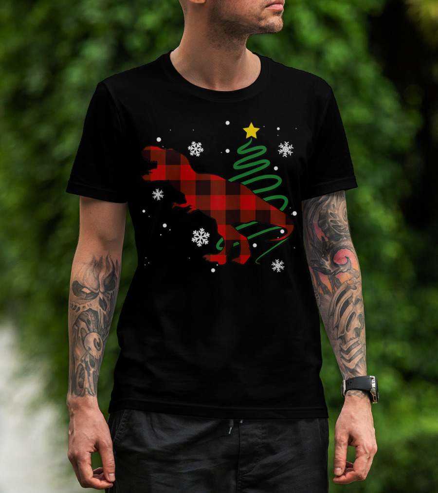 Red Plaid Dinosaur Buffalo Trex Family Christmas Tree Snowflakes T-Shirt