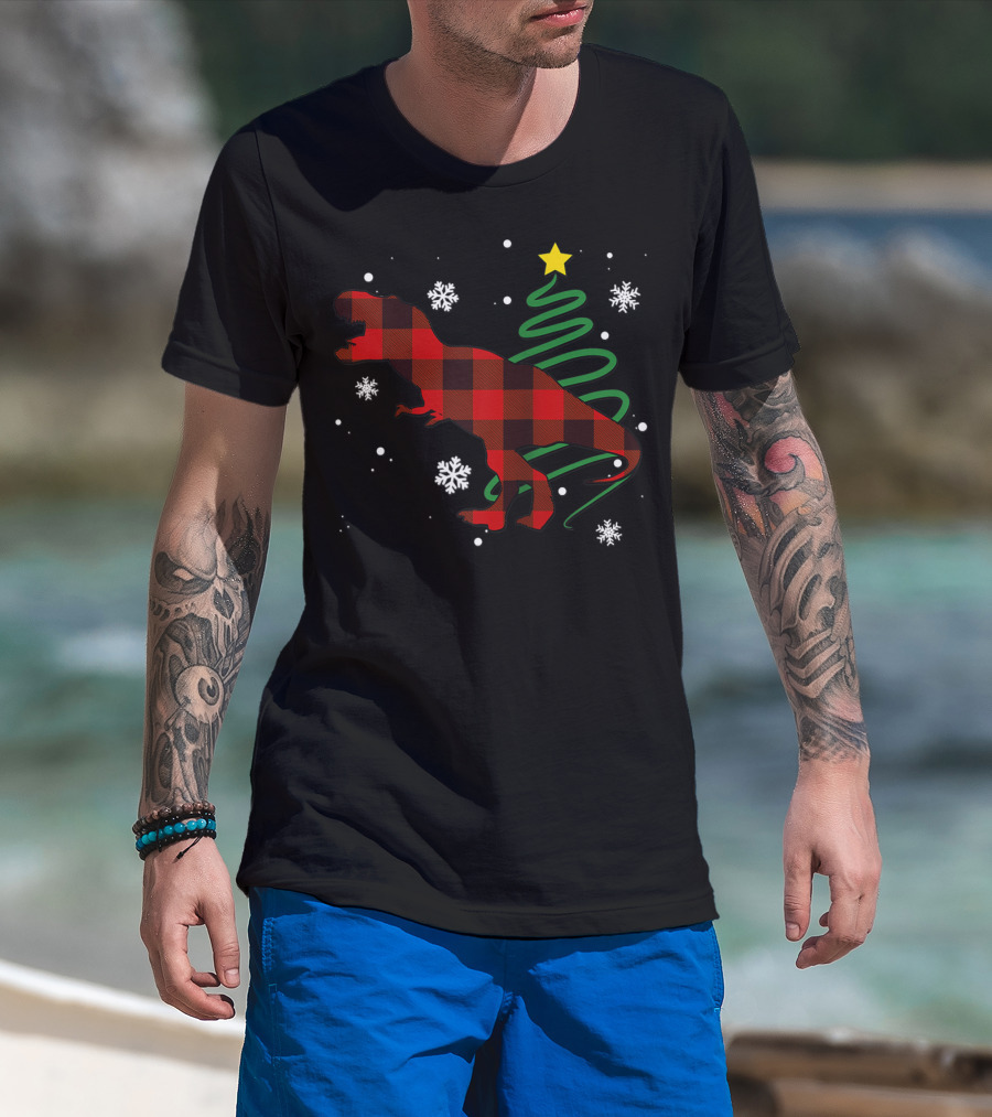 Red Plaid Dinosaur Buffalo Trex Family Christmas Tree Snowflakes T-Shirt