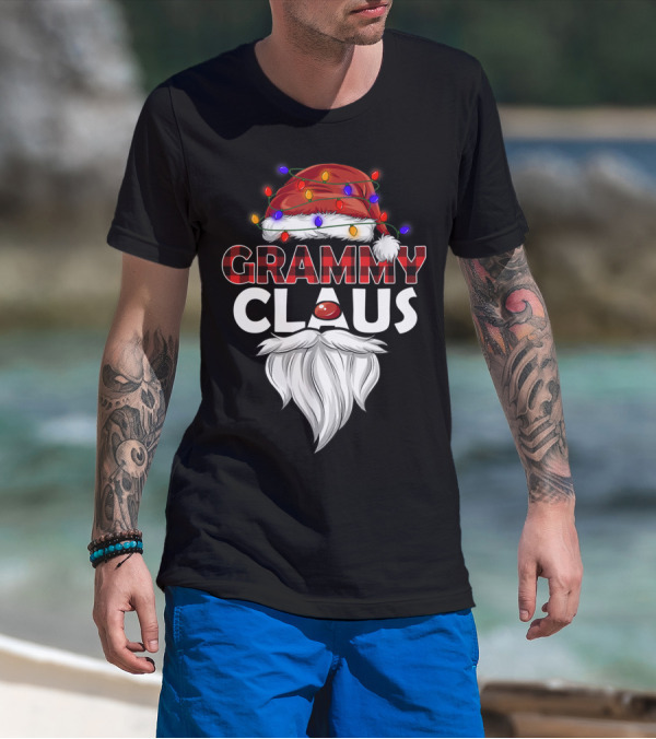 GRAMMY CLAUS Christmas Lights Santa Hat Beard T-Shirt