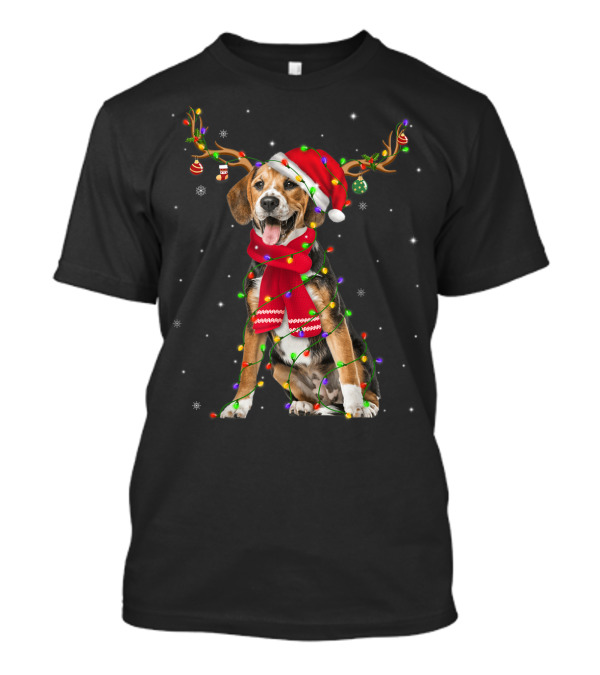 Beagle Reindeer Red Scarf Christmas Lights Santa Hat Antlers Snowflakes T-Shirt