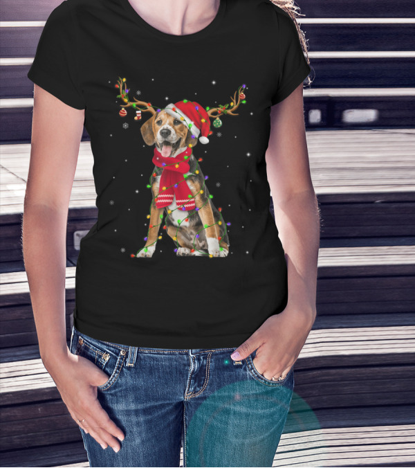 Beagle Reindeer Red Scarf Christmas Lights Santa Hat Antlers Snowflakes T-Shirt