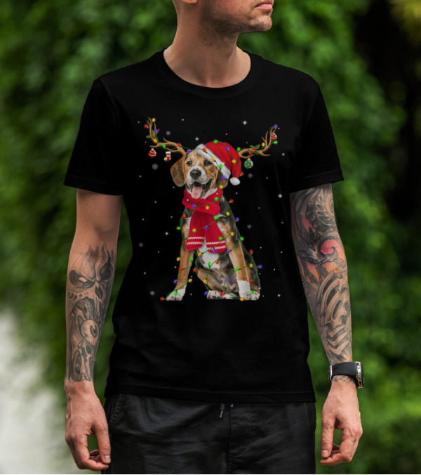 Beagle Reindeer Red Scarf Christmas Lights Santa Hat Antlers Snowflakes T-Shirt