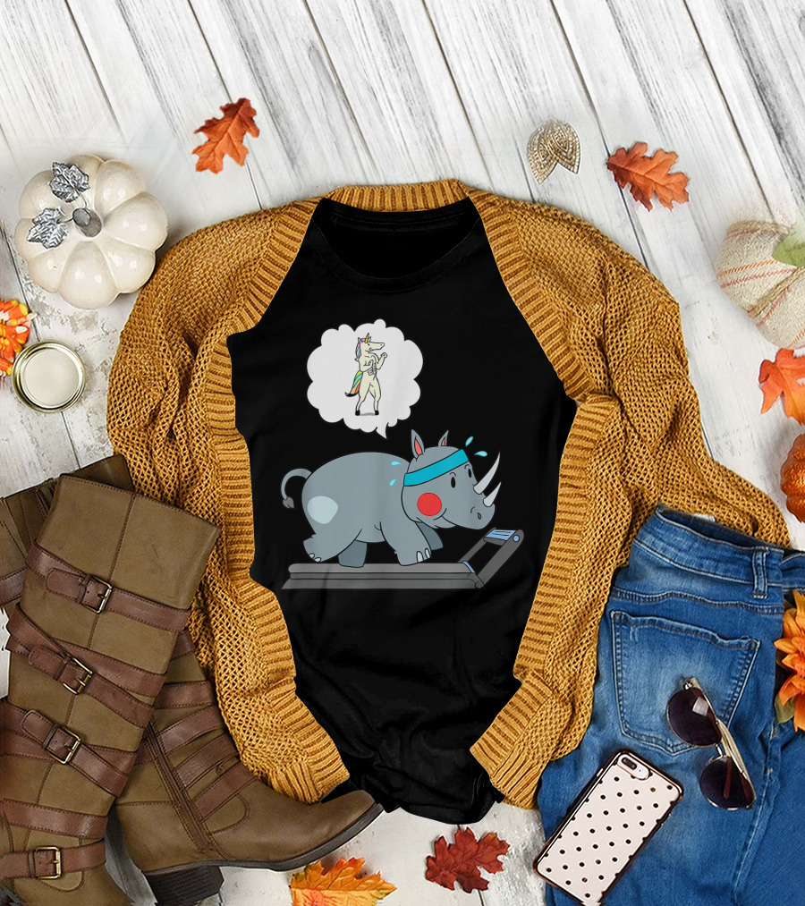 Rhino Cardio Dreaming of Unicorn Running Fitness Humor T-Shirt
