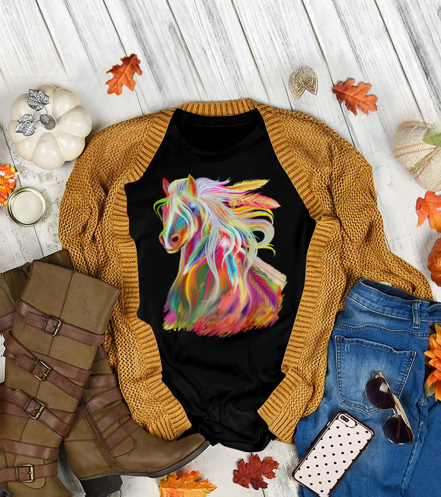 Horse Head Watercolor Rainbow Feathers T-Shirt