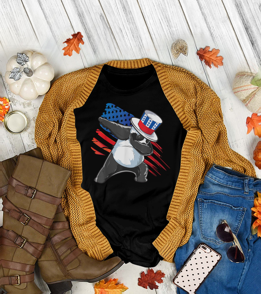 Dabbing Panda with Uncle Sam Hat and American Flag for 4th of July T-Shirt