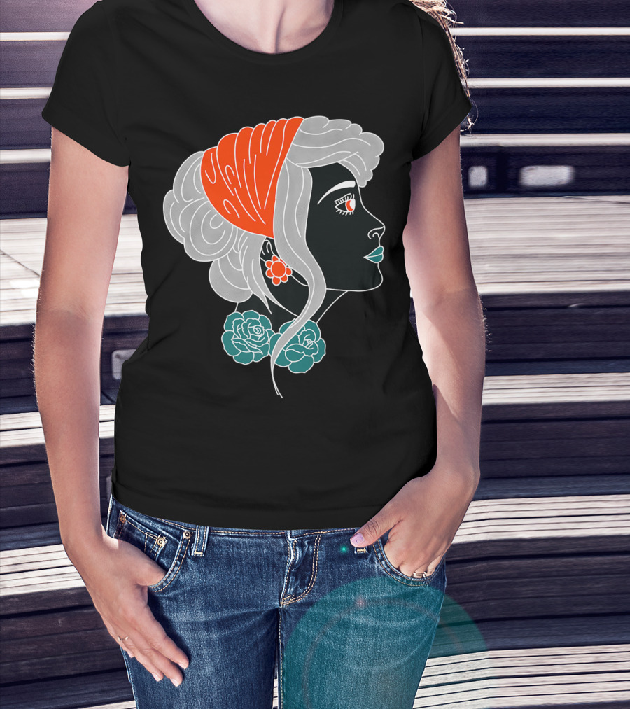 American Traditional Tattoo Gypsy Woman With Orange Headscarf And Roses T-Shirt