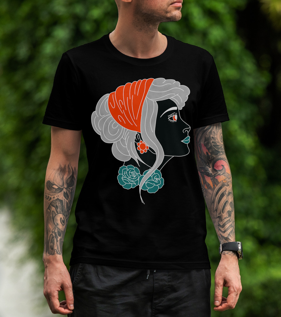 American Traditional Tattoo Gypsy Woman With Orange Headscarf And Roses T-Shirt