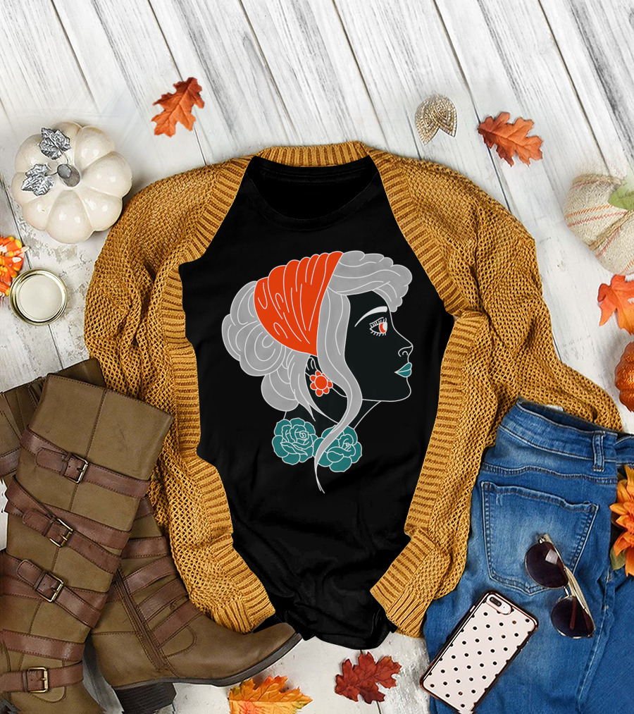 American Traditional Tattoo Gypsy Woman with Orange Headscarf and Roses T-Shirt