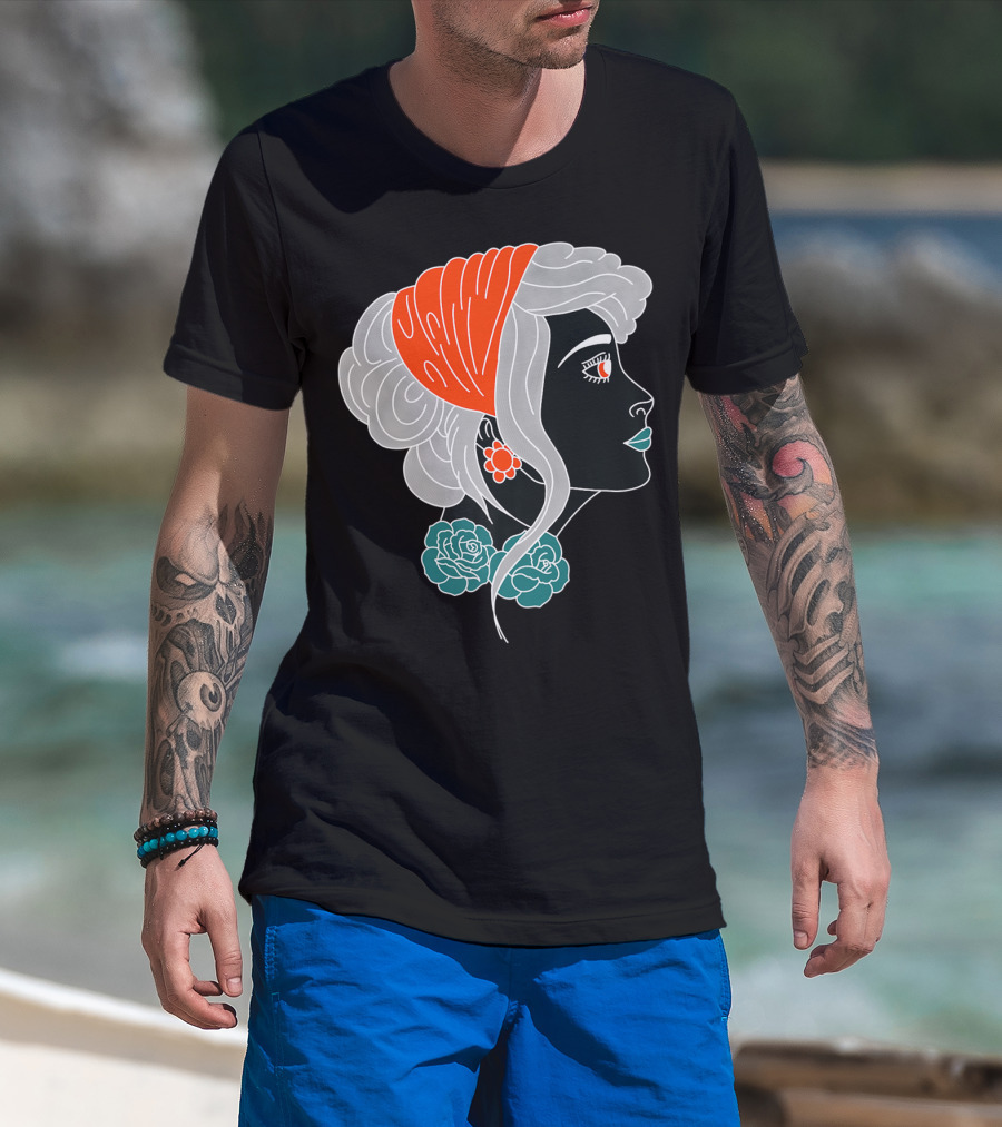 American Traditional Tattoo Gypsy Woman With Orange Headscarf And Roses T-Shirt