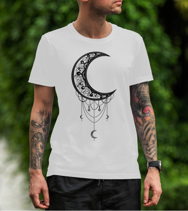 Beautiful Black Crescent Moon Dreamcatcher Design With Intricate Patterns And Hanging Beads T-Shirt
