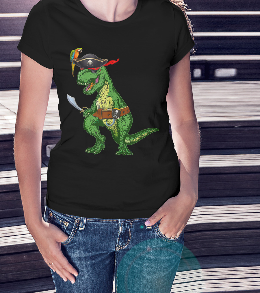 Boys Kids Dinosaur T-Rex Pirate With Parrot And Sword T-Shirt