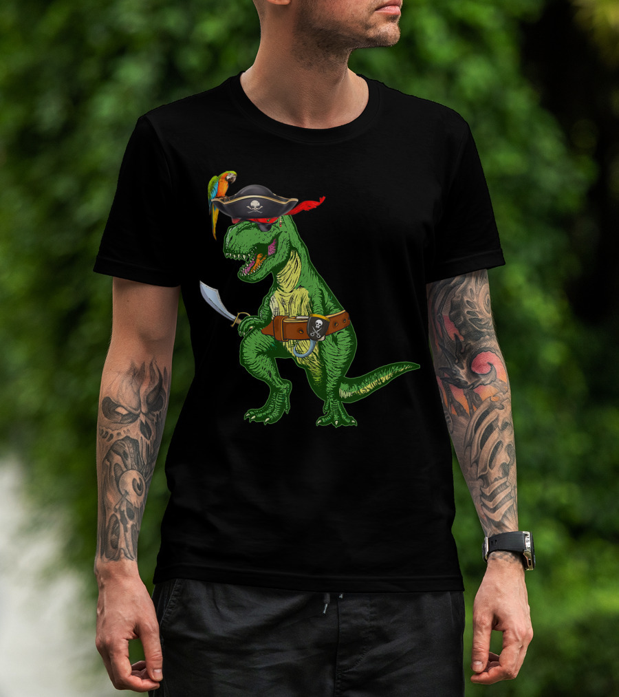 Boys Kids Dinosaur T-Rex Pirate With Parrot And Sword T-Shirt
