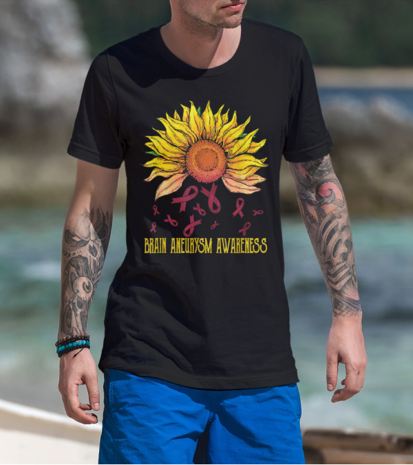 Brain Aneurysm Awareness Sunflower With Yellow Sunflower And Red Ribbons T-Shirt
