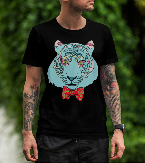Colorful Tiger Head With Spiraled Bow Tie T-Shirt