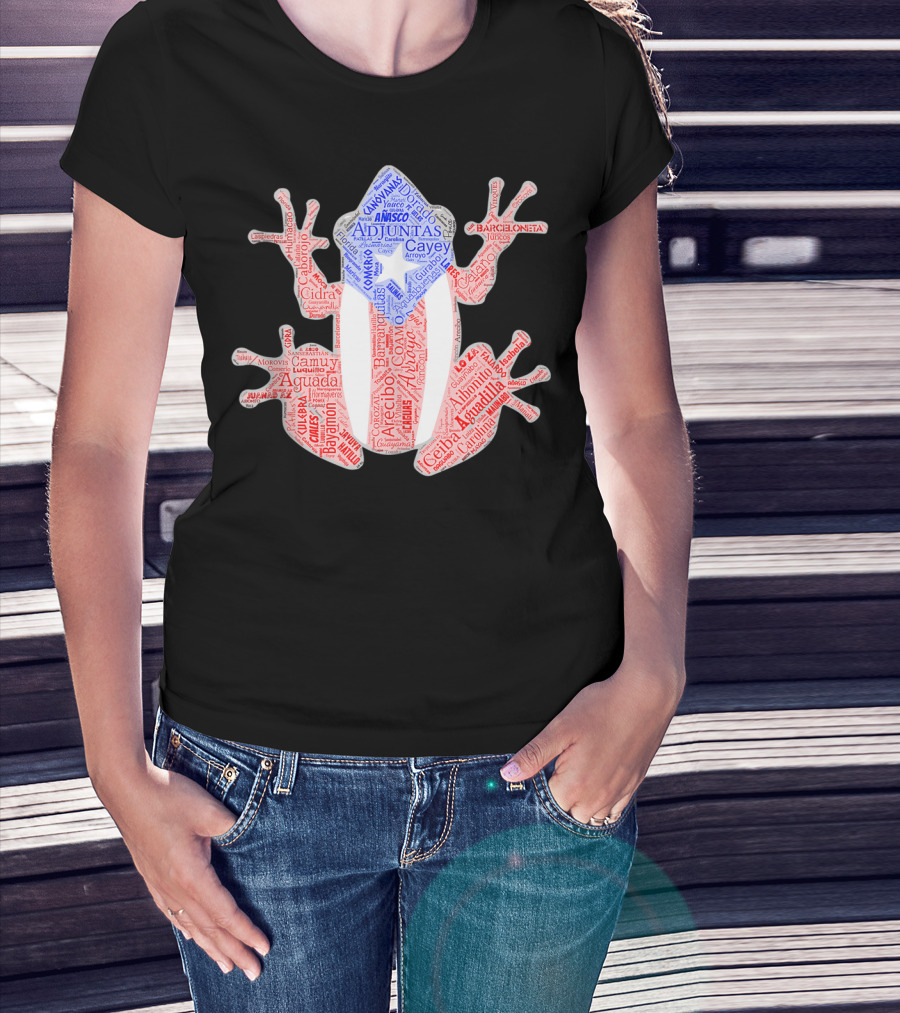 Coqui Taino Puerto Rico Cities Boricua Flag Adjuntas Aguadilla Arecibo Barceloneta Caguas Cayey Ceiba Cidra Coamo Guayama Manati Morovis Yauco T-Shirt