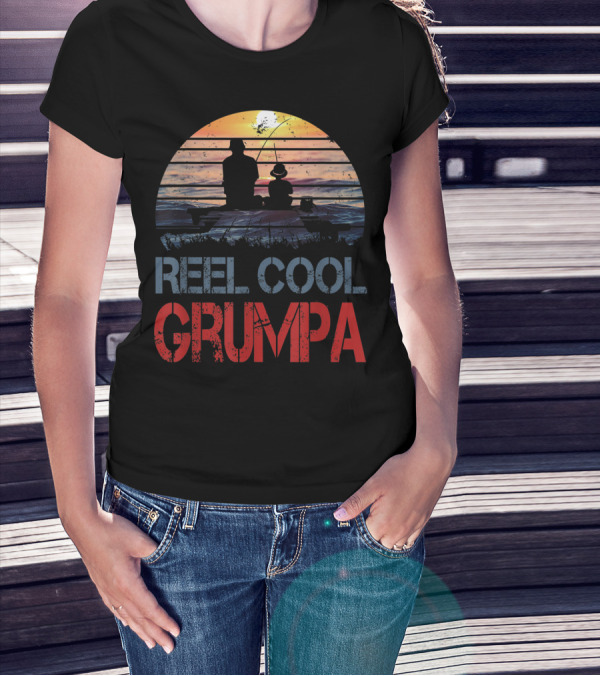 Father's Day Reel Cool Grumpa Fishing Silhouette With Sunset Background T-Shirt
