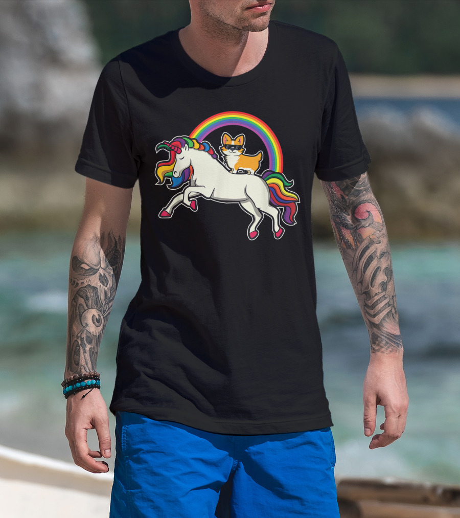 Funny Corgi Riding Rainbow Unicorn Puppy For Dog Lovers T-Shirt