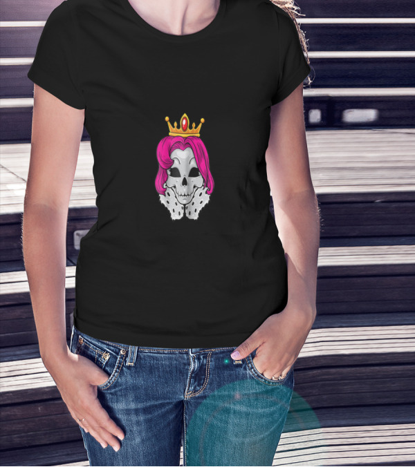 Bright Pink-Haired Skull Queen With Crown And Regal Cape T-Shirt