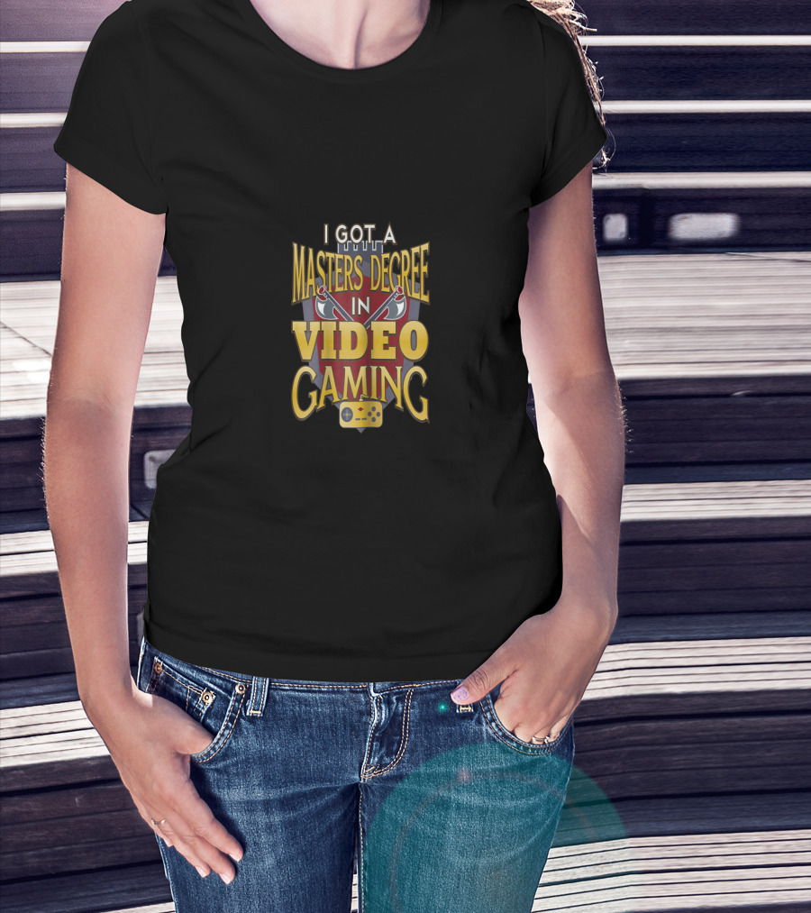 I Got A Masters Degree In Video Gaming With Game Controller Icon And Medal Ribbon Graphics T-Shirt