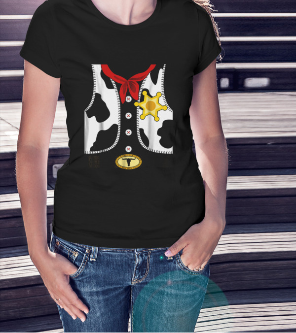 Sheriff Costume Cow Print Vest With Badge And Red Neck Scarf T-Shirt