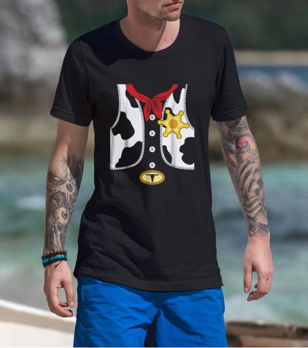 Sheriff Costume Cow Print Vest With Badge And Red Neck Scarf T-Shirt