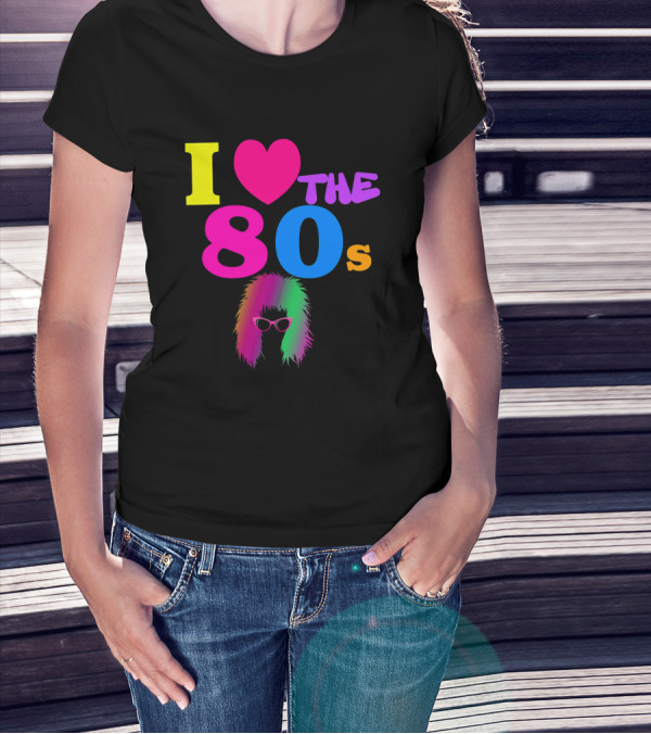 I Love The 80s Neon Heart With Punk Rocker Hair And Sunglasses T-Shirt