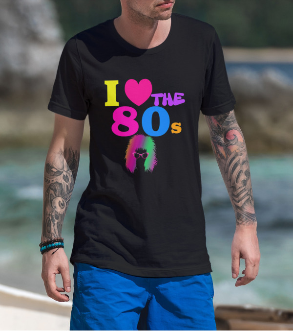 I Love The 80s Neon Heart With Punk Rocker Hair And Sunglasses T-Shirt