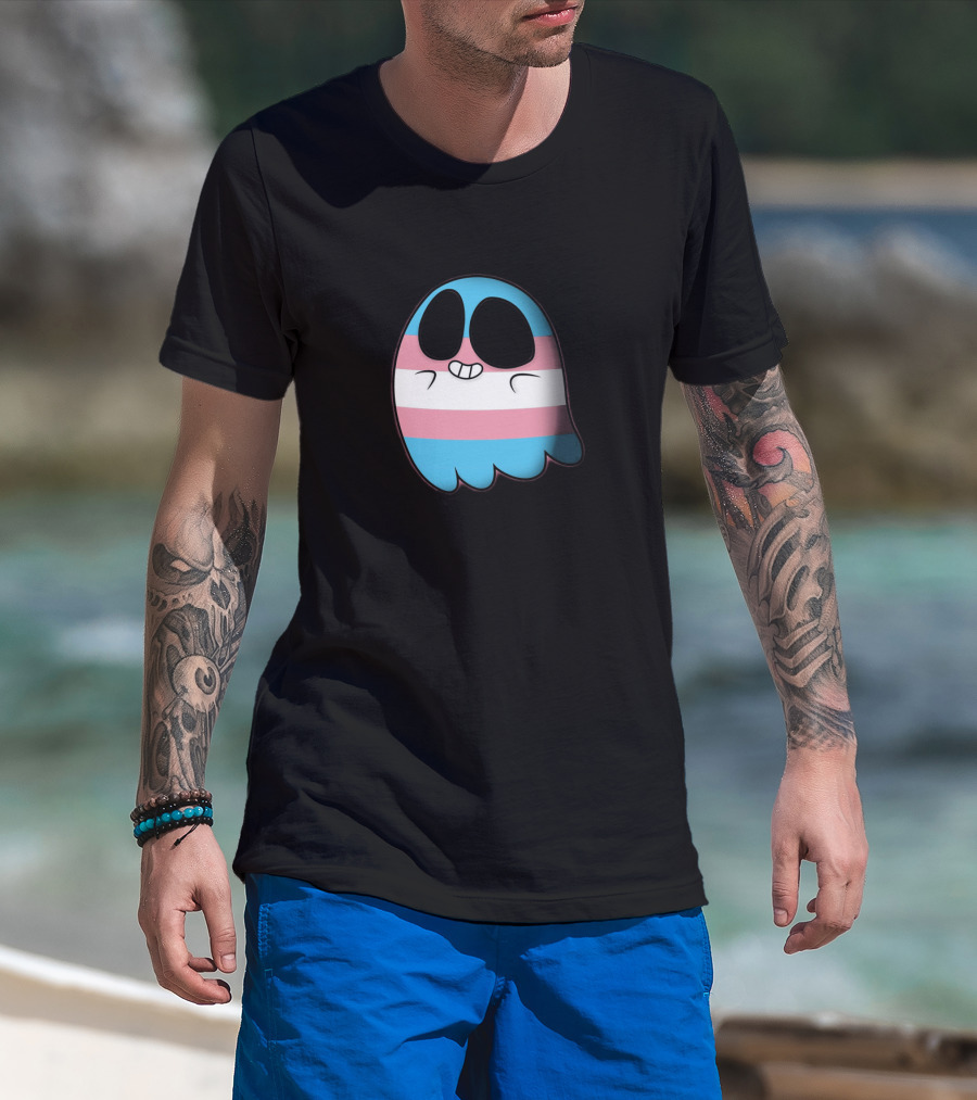 Cute Happy Ghost With Transgender Pride Flag Stripes T-Shirt