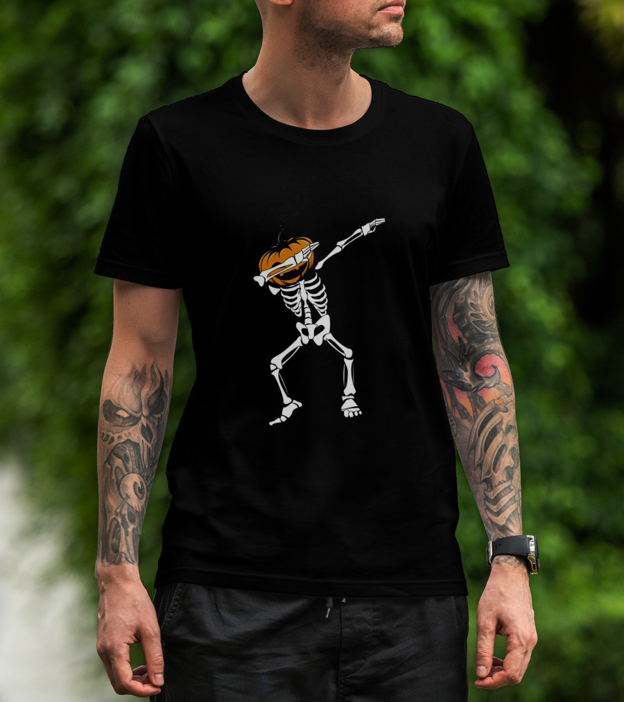 Funny Halloween Dabbing Skeleton With Pumpkin Head Dab T-Shirt