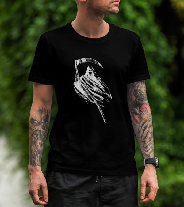 Grim Reaper Holding Scythe With Skull-Faced Cloak T-Shirt