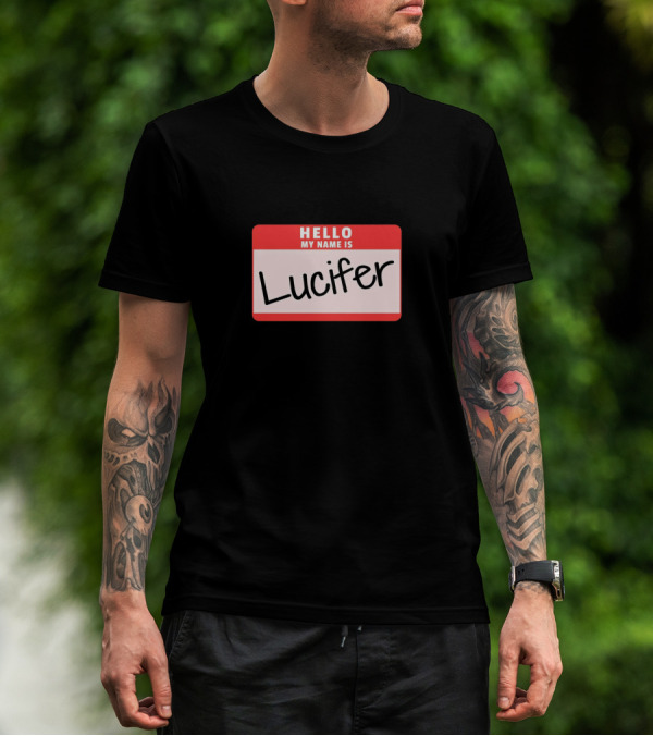 Hello My Name Is Lucifer Funny Halloween Devil Co Name Tag T-Shirt