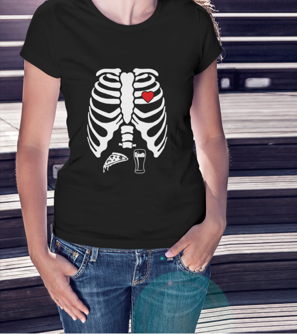 Skeleton Pregnancy X-Ray Pizza Beer Heart T-Shirt