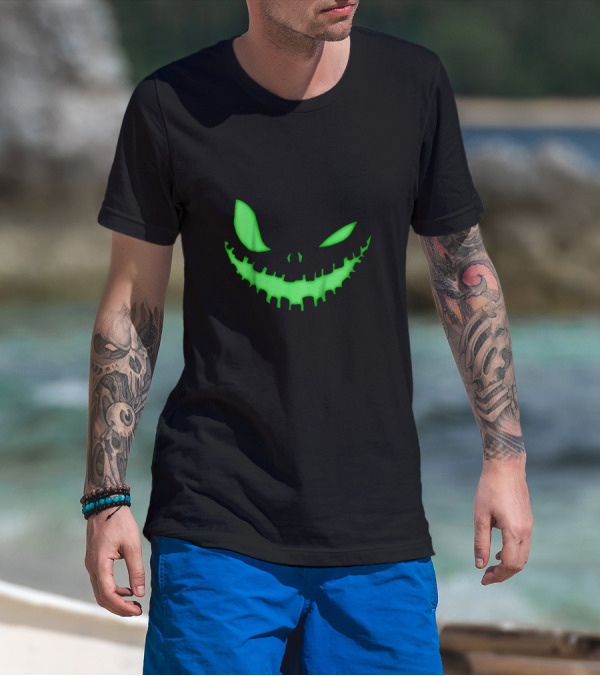 Spooky Face Halloween Dark Green Glow Creepy Smile T-Shirt
