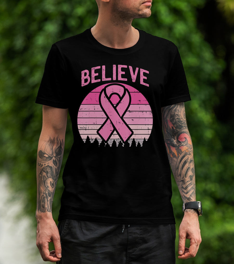 Believe Pink Ribbon Sunset Breast Cancer Awareness T-Shirt