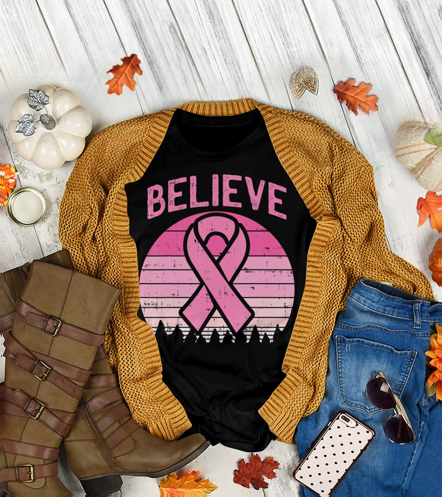 Believe Pink Ribbon Sunset Breast Cancer Awareness T-Shirt