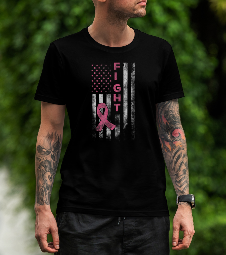 Fight For Breast Cancer Awareness American Flag With Pink T-Shirt