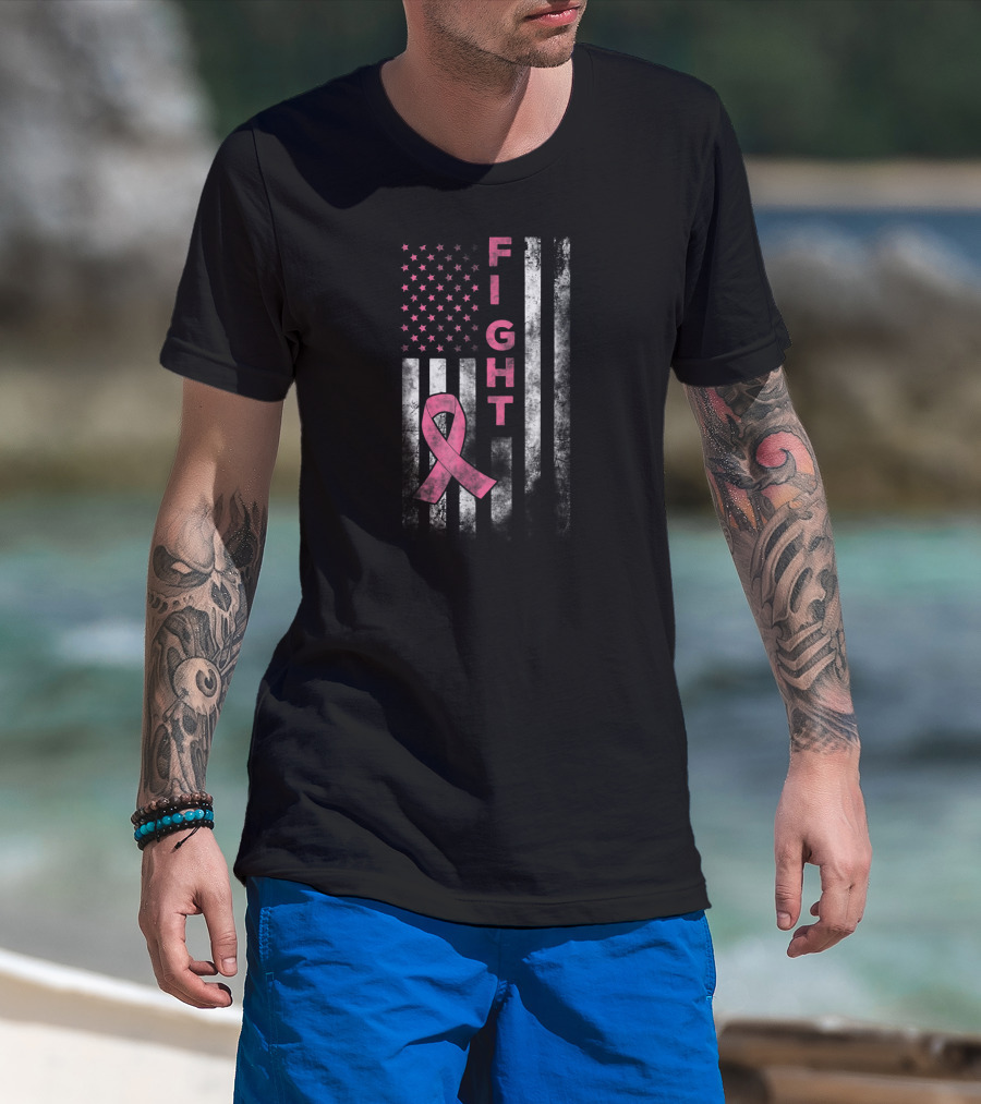 Fight For Breast Cancer Awareness American Flag With Pink T-Shirt
