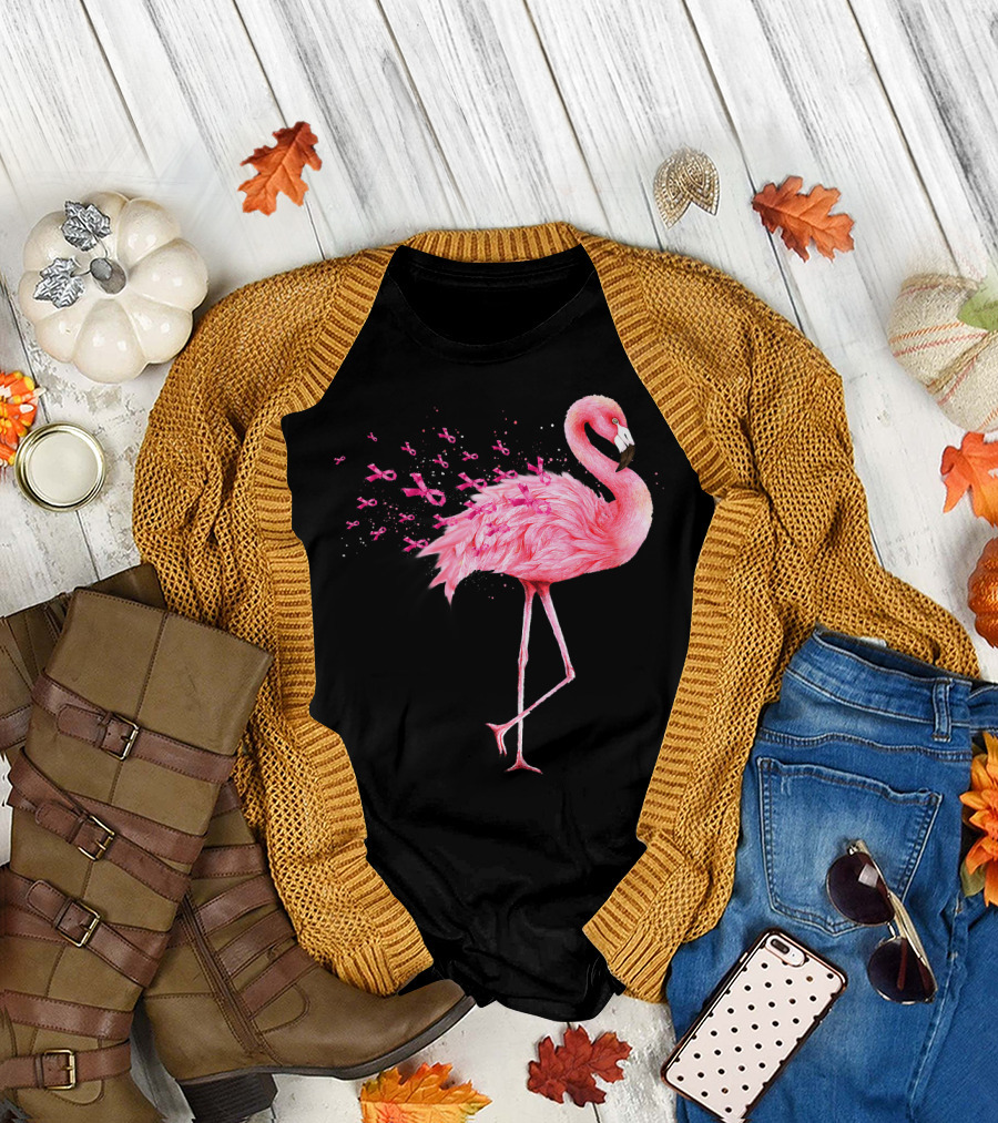 Cute Flamingo Breast Cancer Awareness Pink Ribbon T-Shirt
