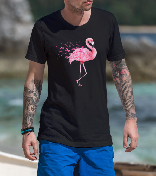 Cute Flamingo Breast Cancer Awareness Pink Ribbon T-Shirt