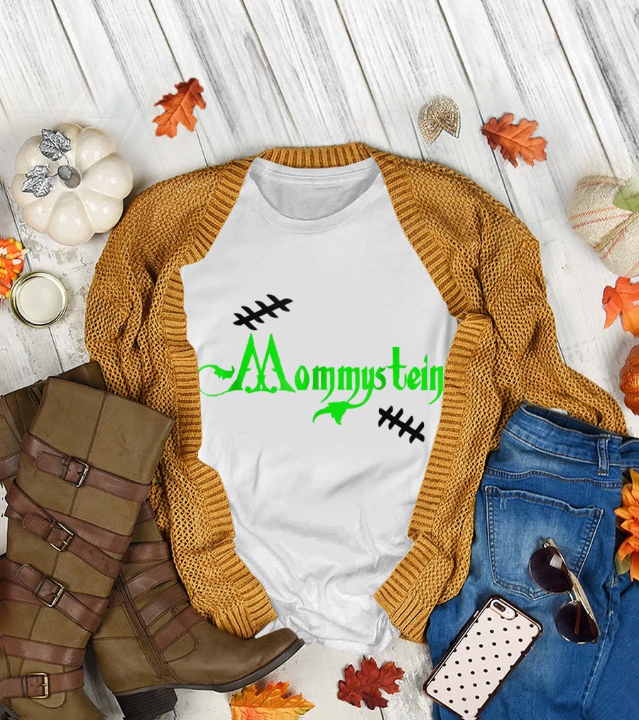 Mommystein Frankenstein Inspired Green and Black Stitched Text T-Shirt