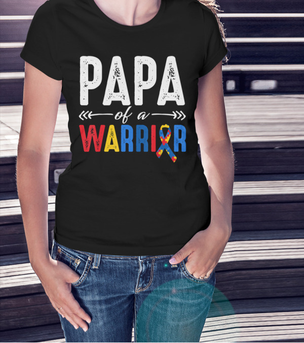 Papa Of A Warrior Autism Awareness Grandpa Colorful Puzzle T-Shirt