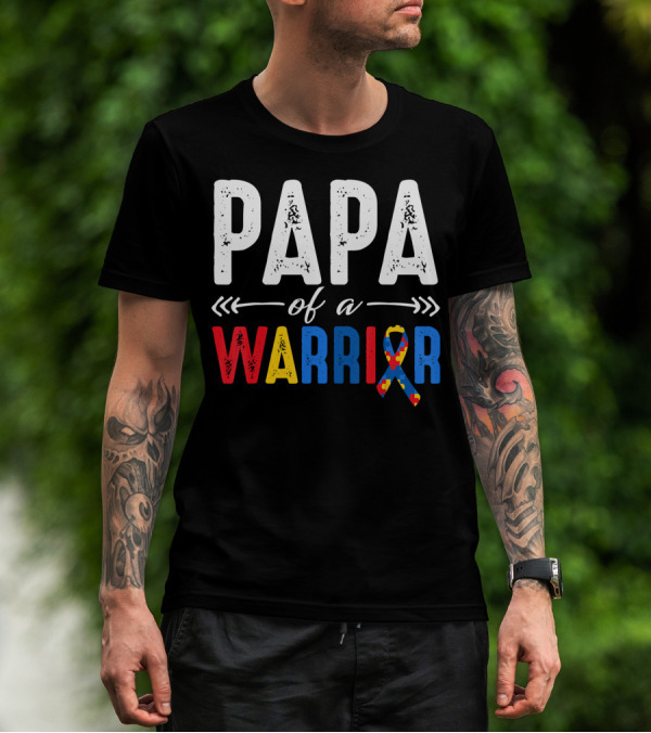 Papa Of A Warrior Autism Awareness Grandpa Colorful Puzzle T-Shirt