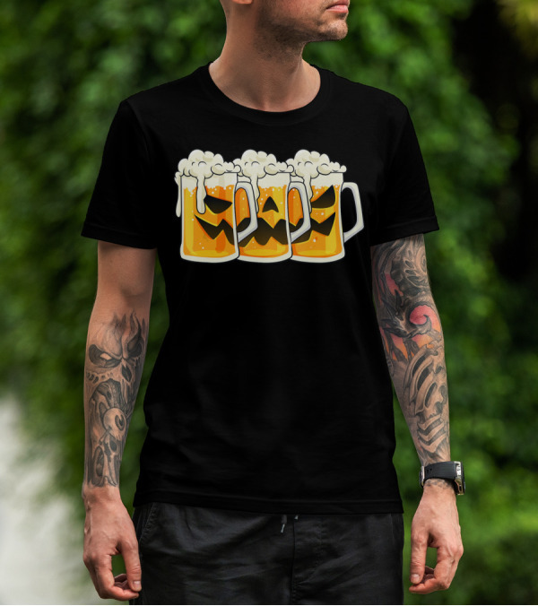 Halloween Jack O Lantern Beer Mug Faces T-Shirt
